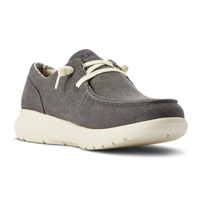 Gray canvas sneaker with white sole perfect for outdoors and country clothing style