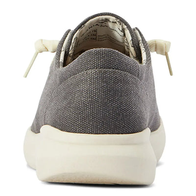 Gray canvas sneaker with white sole and laces perfect for country clothing and outdoors