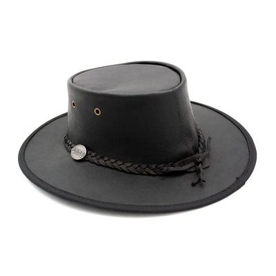 Stylish Black Leather Cowboy Hat with Braided Band in Lightweight Kangaroo Leather