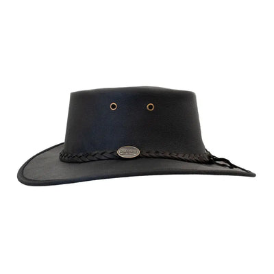 Black leather cowboy hat with a braided band, made from lightweight Kangaroo leather