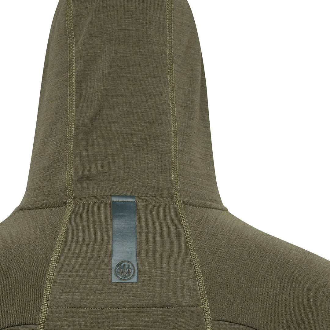 Back view of Beretta Apollo Merino hoodie in olive green merino wool country clothing