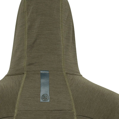 Back view of Beretta Apollo Merino hoodie in olive green merino wool country clothing