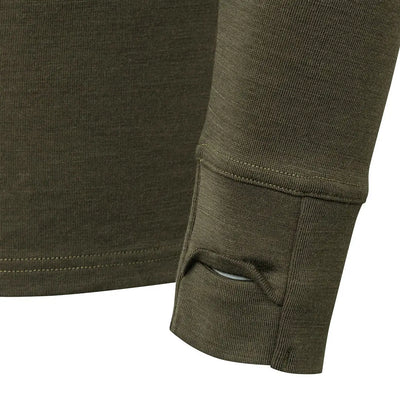 Olive green Apollo Merino hoodie with ribbed cuffs and slit detail