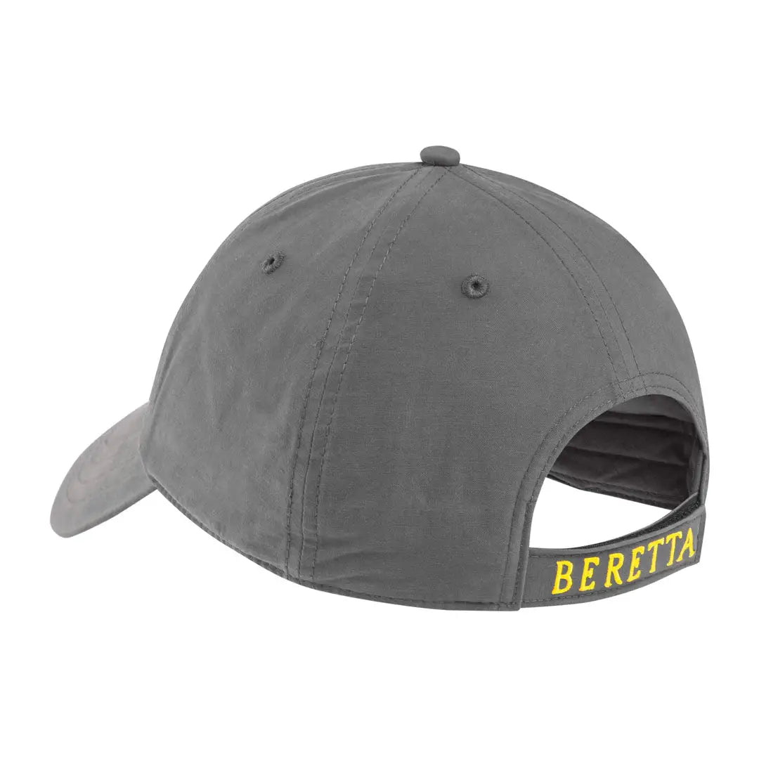 Back of gray Beretta unisex baseball cap with yellow branding