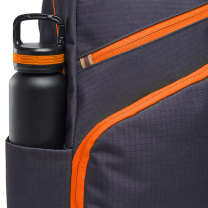 Gray challenge backpack with orange accents and black water bottle for hunting trips