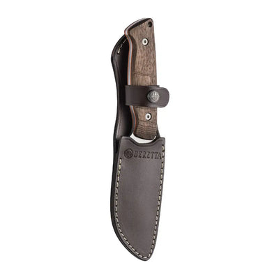 Beretta Chamois fixed blade knife with dark brown wood handle and black leather sheath