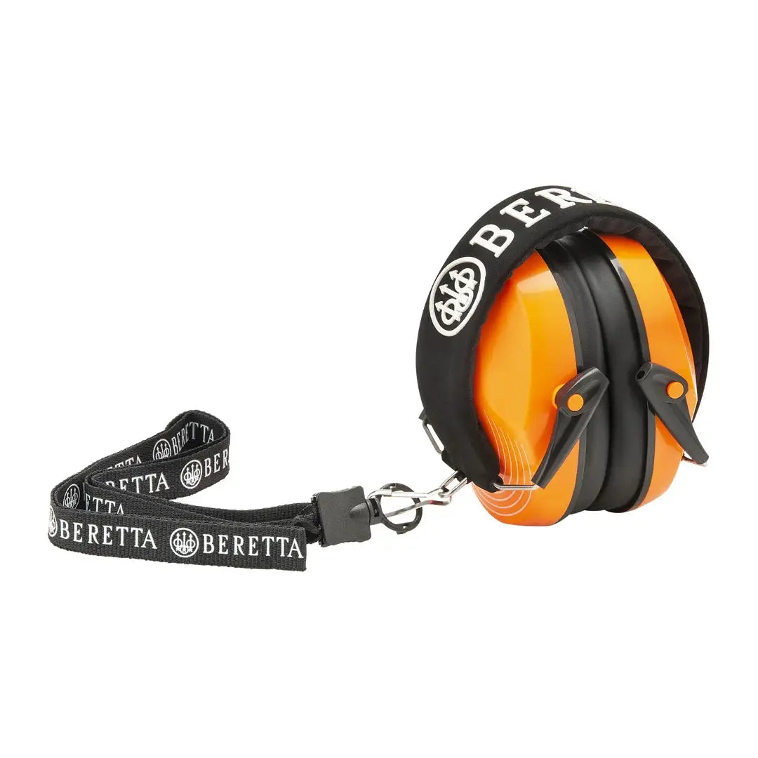 Orange and black Beretta Earmuffs with branded lanyard for hunting and country clothing