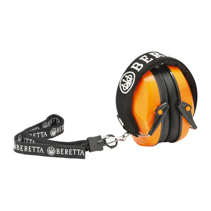 Orange and black Beretta Earmuffs with branded lanyard for hunting and country clothing