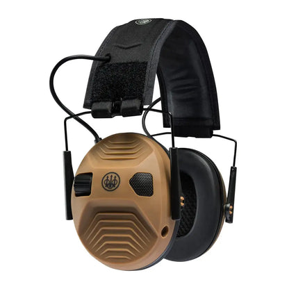Tan and black Beretta electronic earmuffs perfect for hearing protection in shooting sports