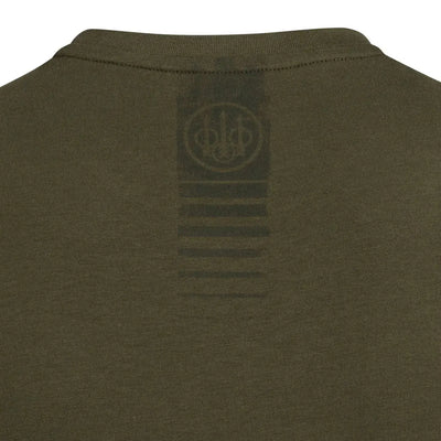 Back of Beretta Fir olive green cotton t-shirt with hunting stripe logo, country clothing