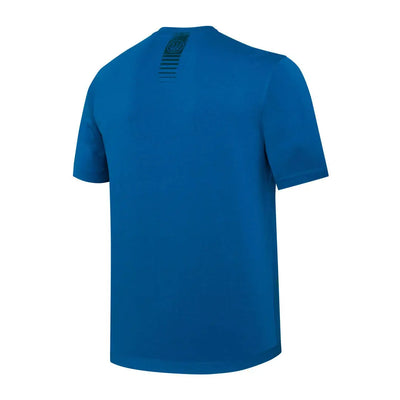 Back view of Beretta Fir blue t-shirt with green stripe, hunting country clothing