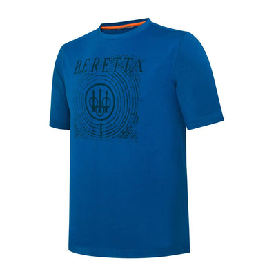 Beretta Fir T-Shirt in blue with dark graphic print and orange inner collar, hunting country clothing