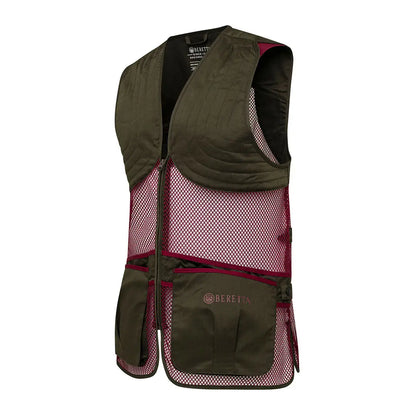 Olive green and burgundy Beretta mesh shooting vest with quilted panels