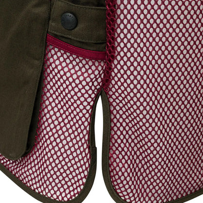 Olive green and magenta mesh panel with button on Beretta shooting vest