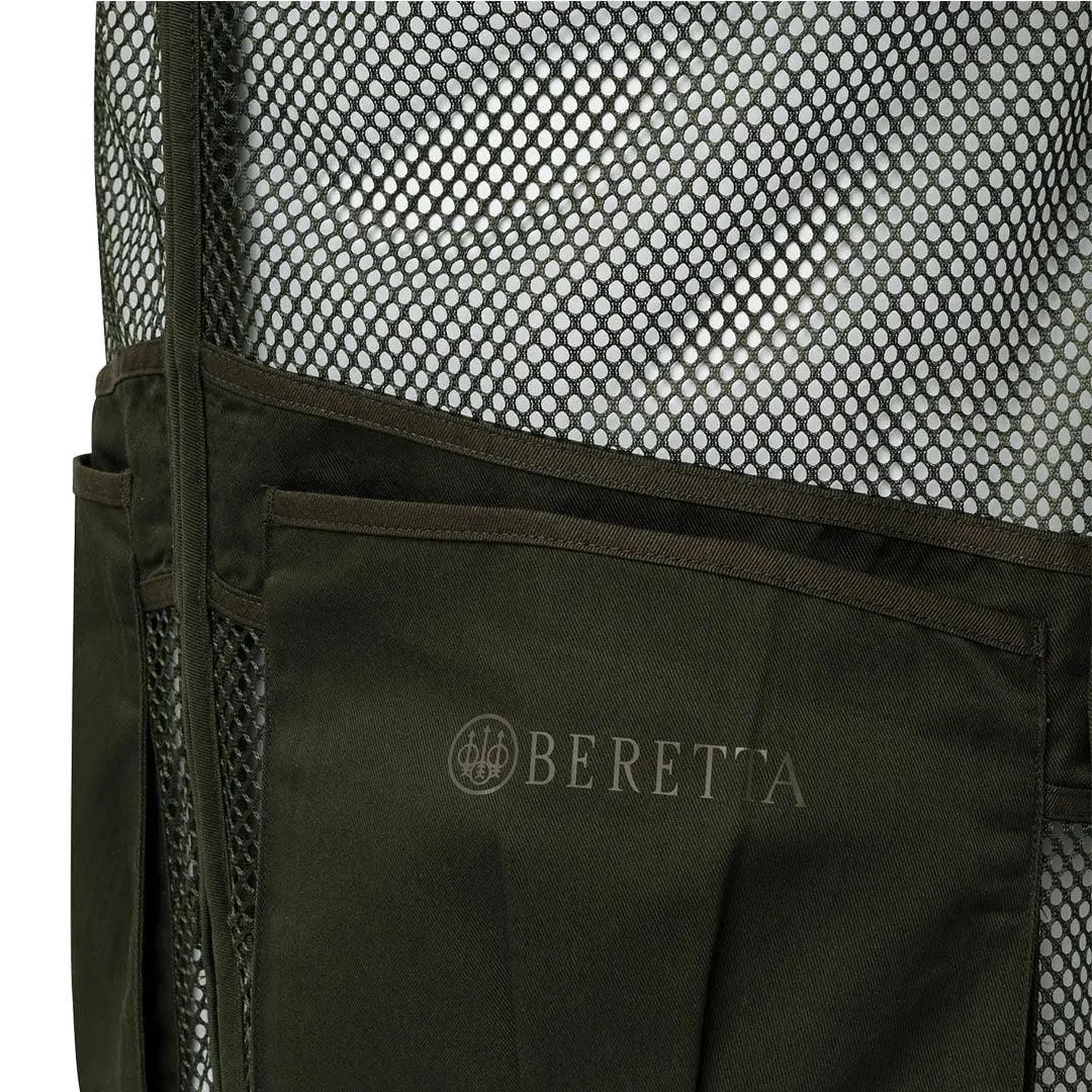 Olive green Beretta mesh shooting vest with mesh panels and branded pocket