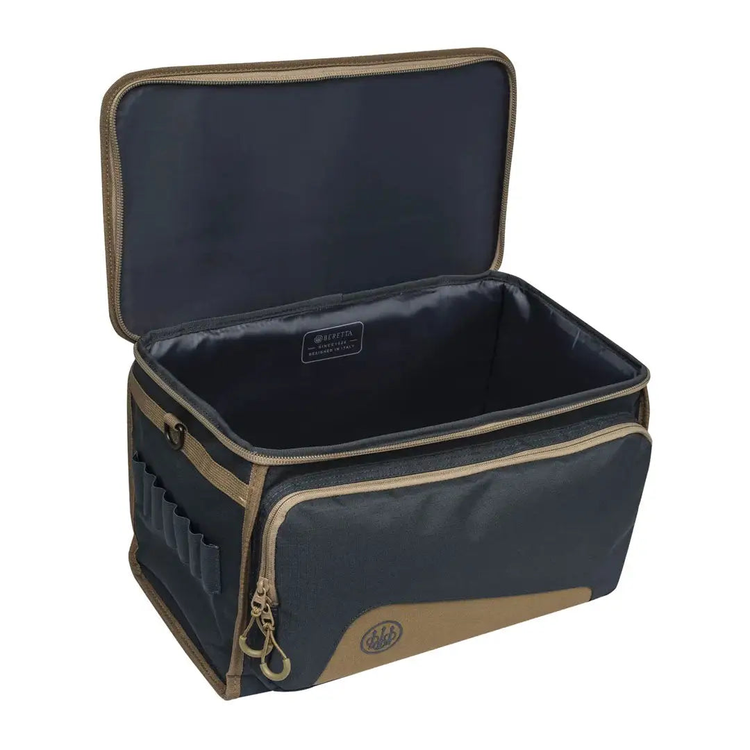 Open two-tone rectangular Beretta GameKeeper EVO Cart Bag for easy gear access