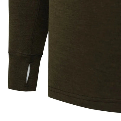Olive green Merino Wool long-sleeved shirt with thumb holes for country clothing and hunting