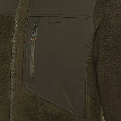 Olive green Halifax Sherpa fleece jacket with pocket, great for country clothing and hunting