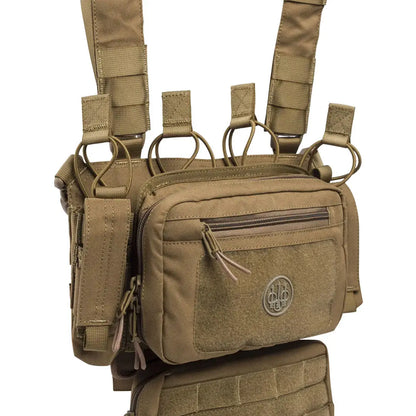 Tan tactical chest rig with multiple pouches and adjustable straps for tactical chest gear