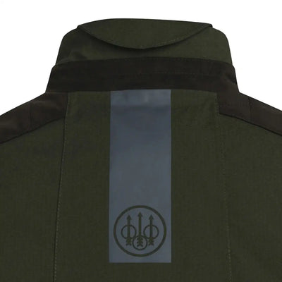Green back of Beretta Teal Sporting EVO Jacket with a reflective stripe for safety