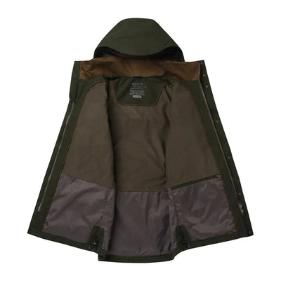Open green hooded Beretta Tempesta Jacket, perfect for country clothing and hunting