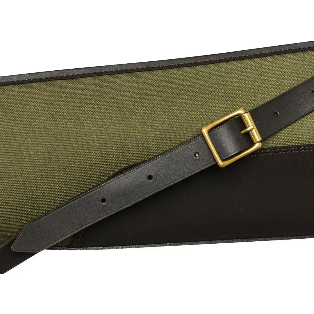 Olive green and brown leather gun case with brass buckle for hunting and country clothing