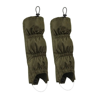 A pair of olive green waterproof gaiters for outdoor activities.