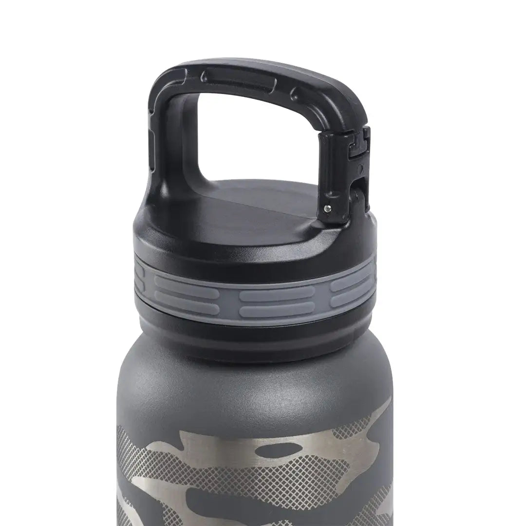 Gray camouflage Beretta Water Bottle 16oz with black handle for easy carrying