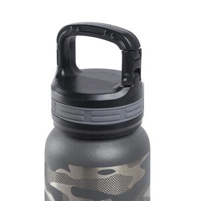 Gray camouflage Beretta Water Bottle 16oz with black handle for easy carrying