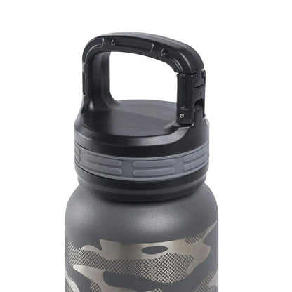 Gray camouflage Beretta Water Bottle 16oz with black handle for easy carrying
