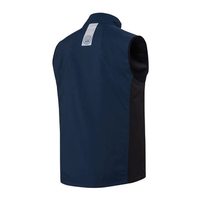 Back of Beretta Windshell EVO navy blue black sleeveless vest with white logo, hunting outdoors country clothing