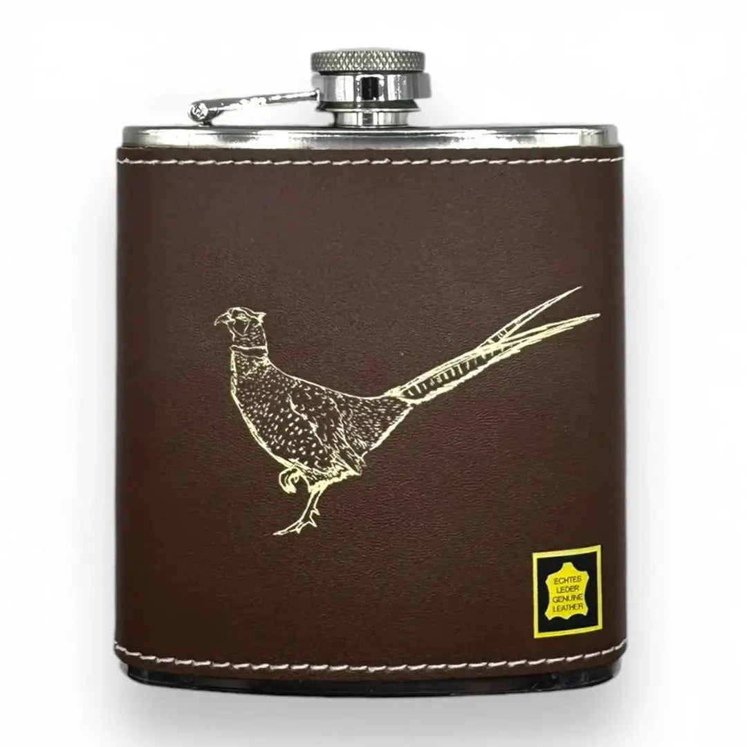 Bisley brown leather 6oz hip flask with pheasant design