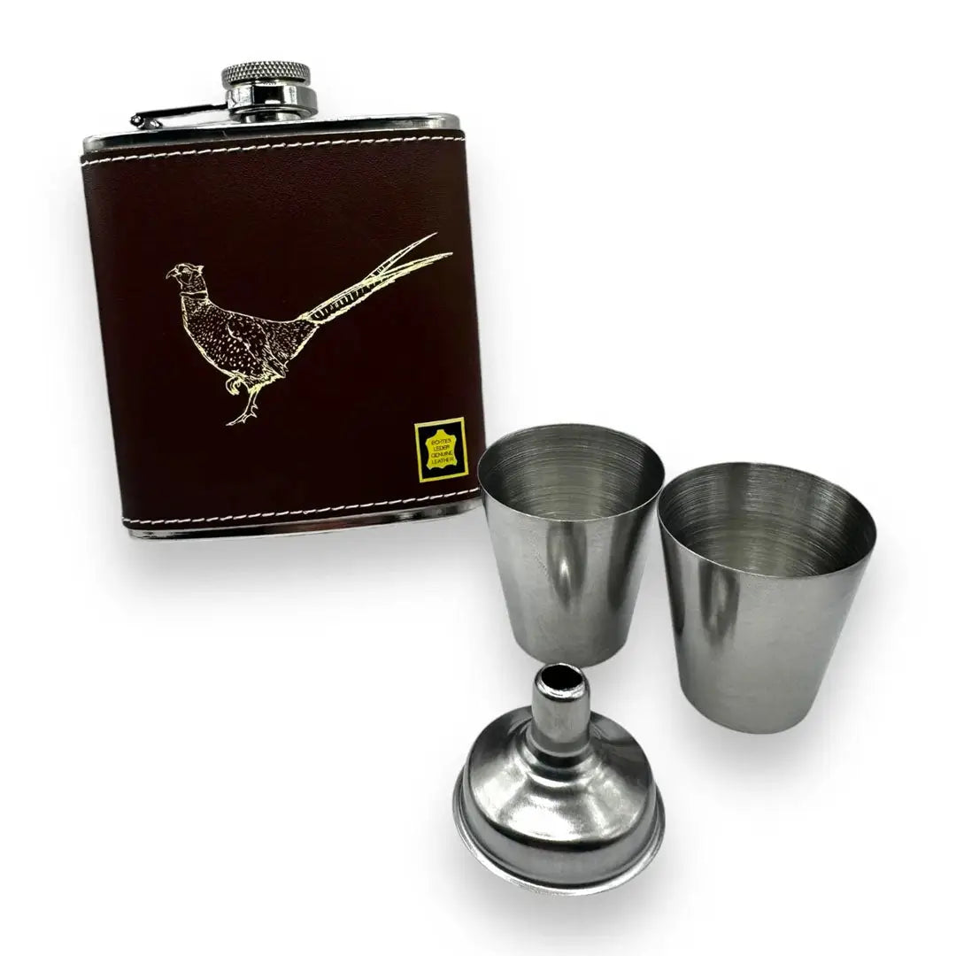 Bisley brown leather 6oz hip flask set with pheasant design