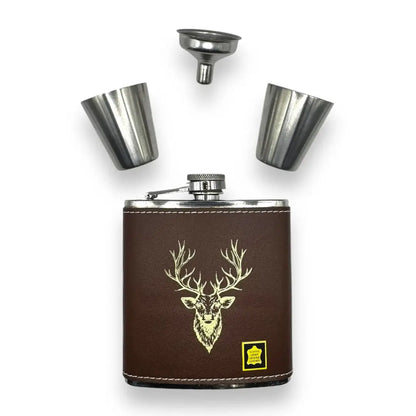Bisley brown leather 6oz deer head flask with silver accents and funnel set