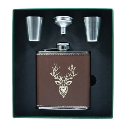 Bisley brown leather 6oz hip flask with deer head design