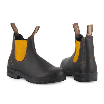 Pair of brown leather Blundstone 1919 Mustard Chelsea Boots showcasing stylish comfort