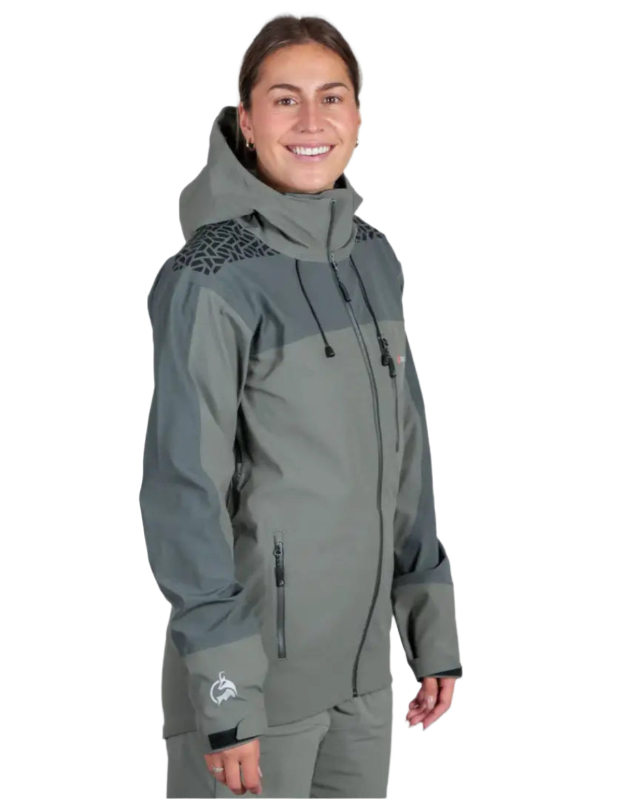 Woman in a gray Bushbuck Alpine Waterproof Jacket showing off the alpine waterproof jacket style