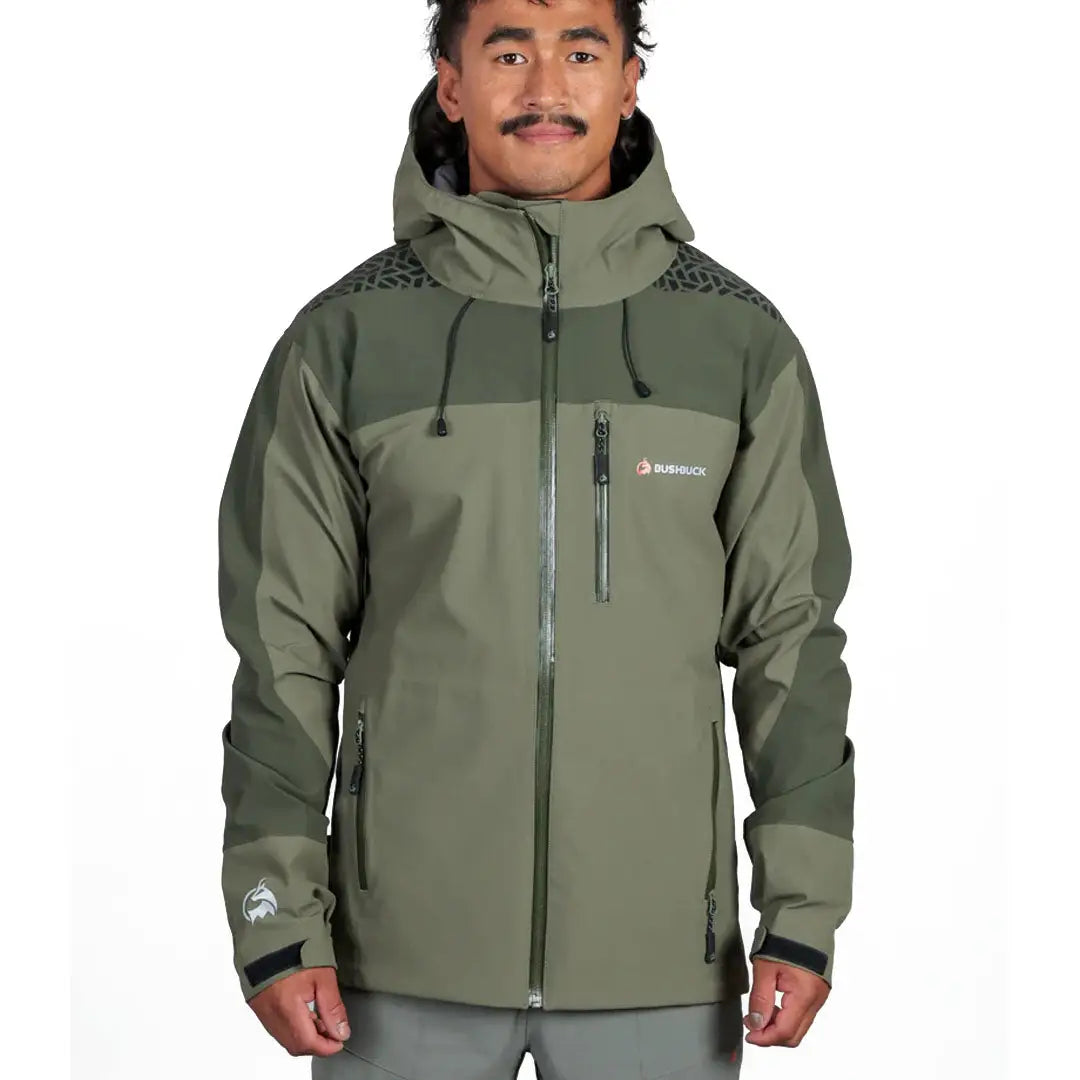 Olive green hooded alpine jacket perfect for wet weather country clothing by Bushbuck