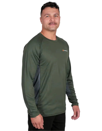 Olive green long-sleeved athletic shirt from Bushbuck Apex Crew Base Layer collection