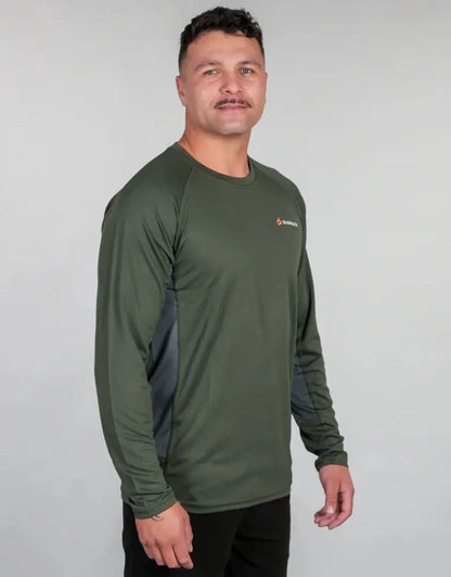 Olive green long-sleeved athletic shirt from Bushbuck Apex Crew Base Layer collection