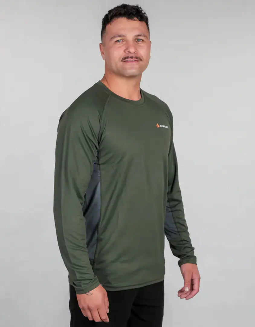 Olive green long-sleeved athletic shirt from Bushbuck Apex Crew Base Layer collection