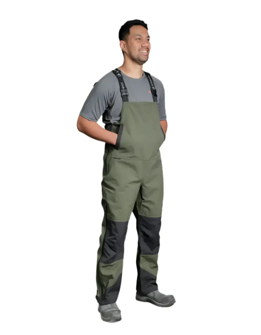 Olive green and black waders from Bushbuck Defender Waterproof Bib Overtrousers collection
