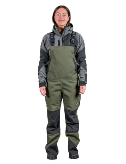 Olive green Bushbuck Defender waterproof bib overalls with gray defender jacket for outdoor gear