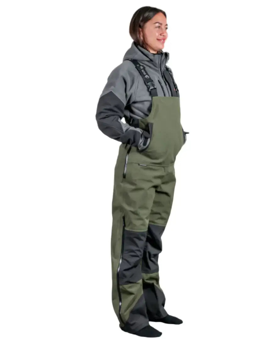 Olive green and gray Bushbuck Defender Waterproof Bib Overtrousers for tough defender jacket style work