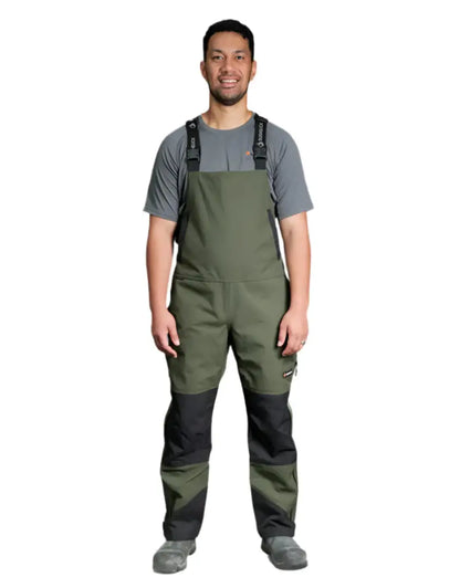 Olive green Bushbuck Defender Waterproof Bib Overtrousers with black knee patches for tough work