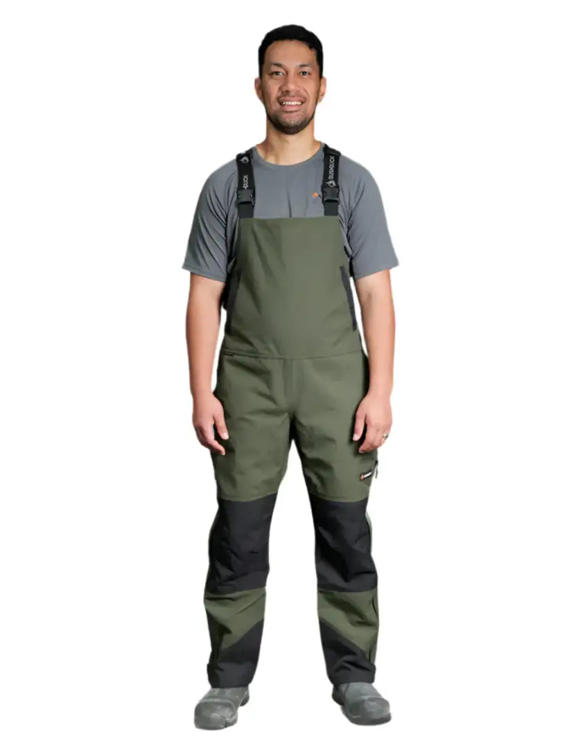 Olive green Bushbuck Defender Waterproof Bib Overtrousers with black knee patches for tough work