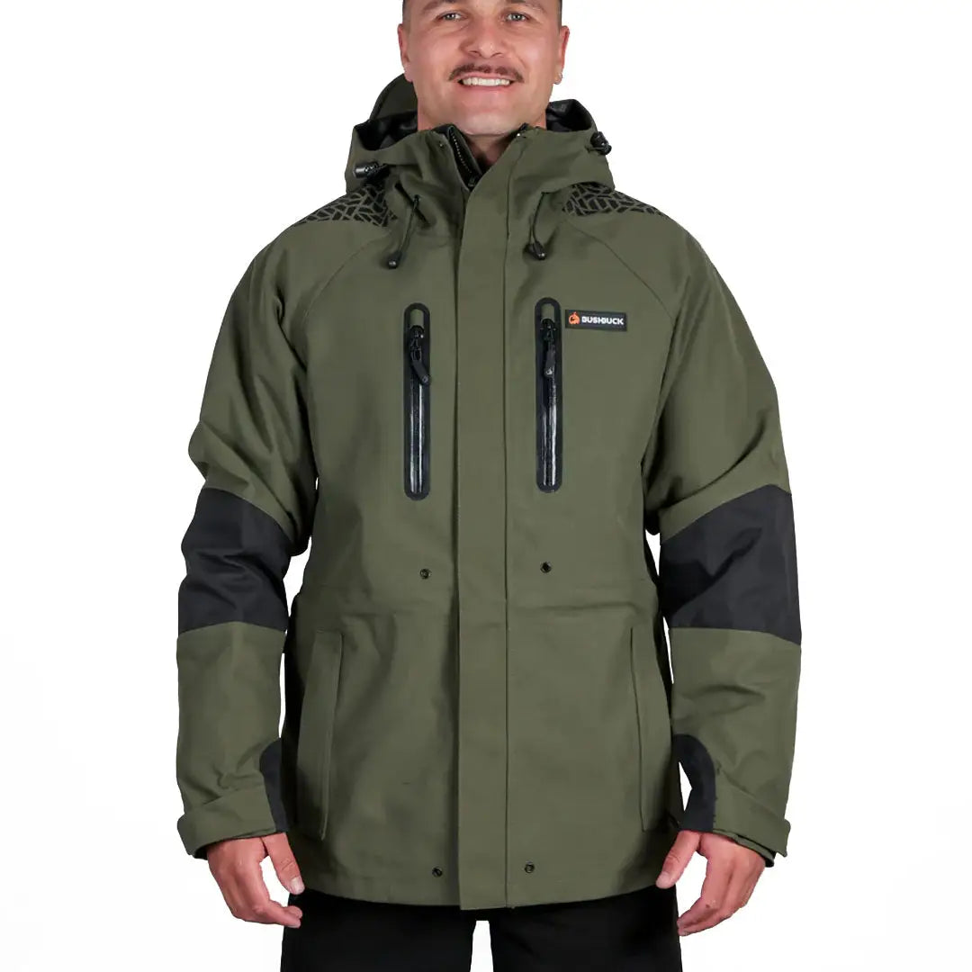 Olive green Bushbuck Defender Waterproof Jacket with black accents for country clothing and hunting