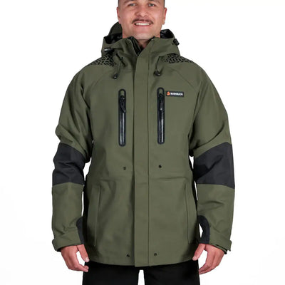 Olive green Bushbuck Defender Waterproof Jacket with black accents for country clothing and hunting