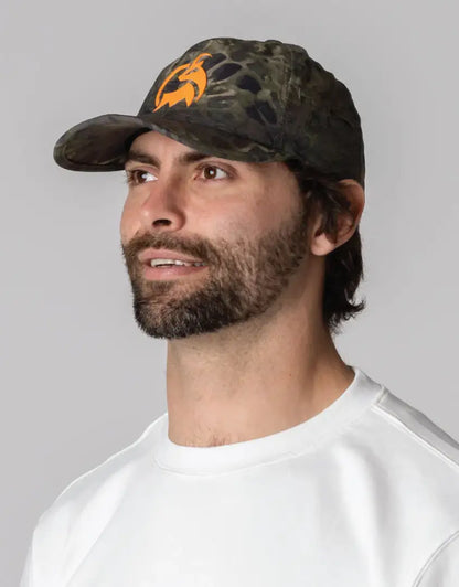 Bushbuck FoldIt Quick Dry Cap in camouflage with orange logo