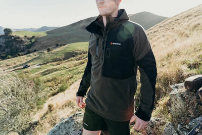 Olive green and black Bushbuck Frontier Windproof Fleece Pullover with chest pocket for country clothing